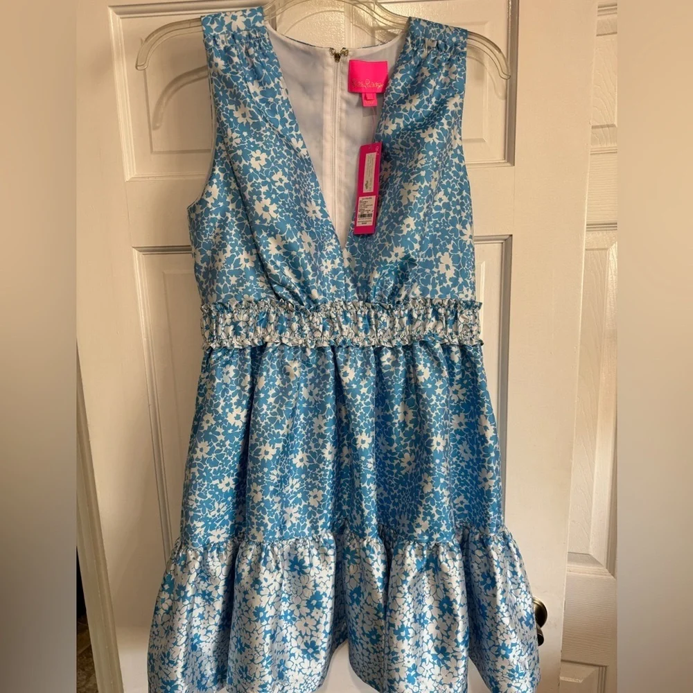 Lilly Pulitzer Fabiana Dress V Neck Jacquard Midi Lunar/Baby Blue Wh Floral NWT